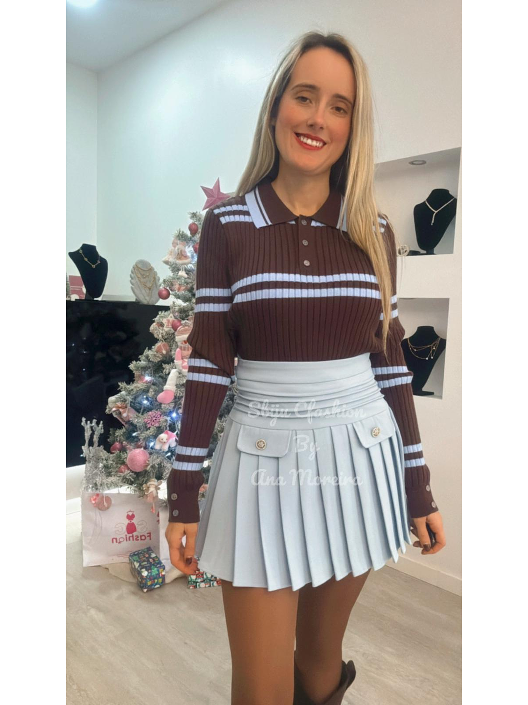 Camisola de malha castanha com riscas azuis - TU 5