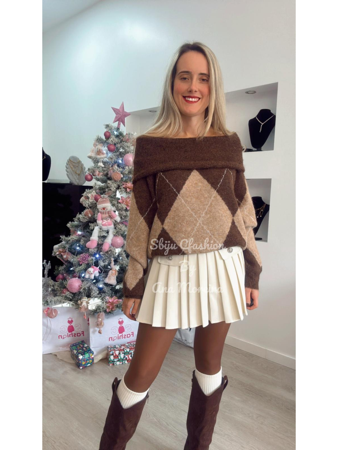 Camisola em malha com losangos - TU 1