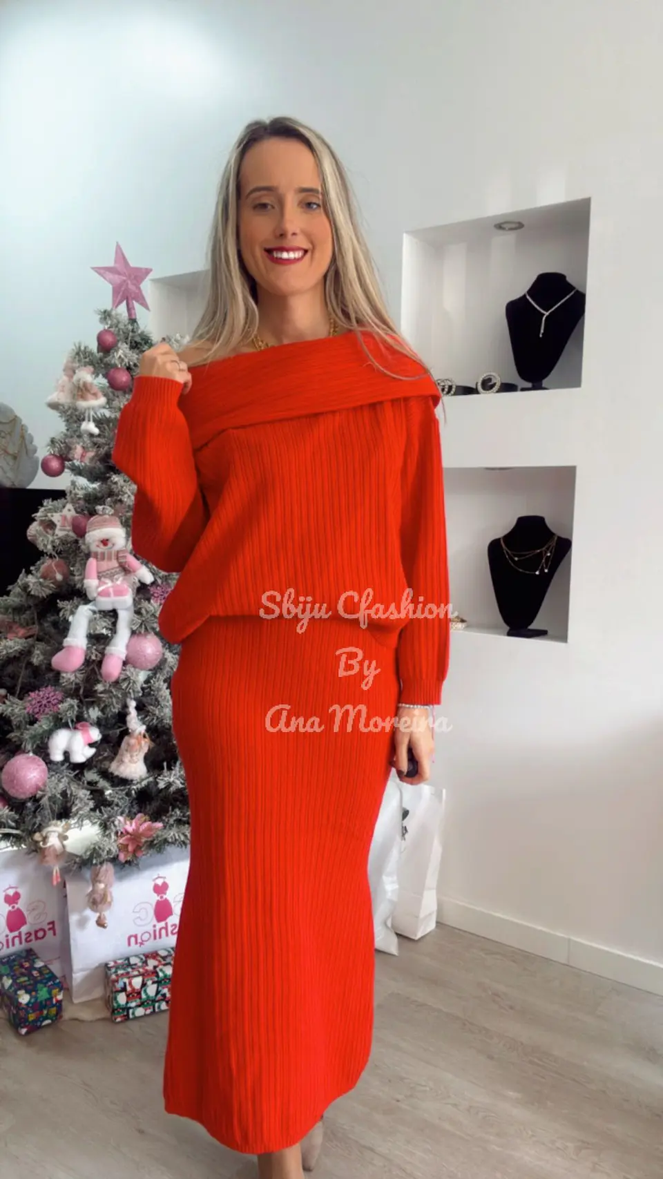 Conjunto em Malha – Camisola e Saia Midi Mochy Vermelho  TU 5