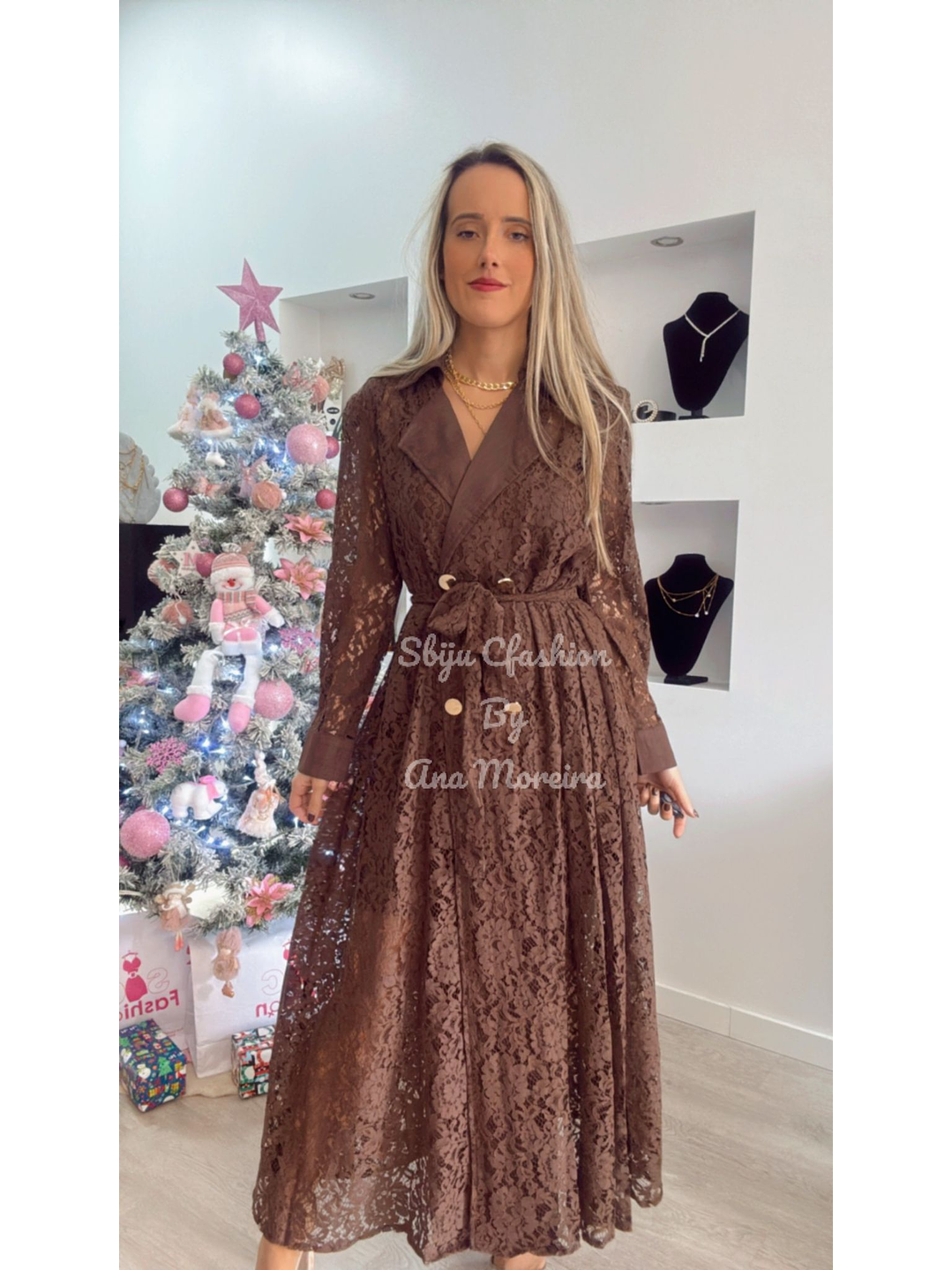 Vestido Comprido em Renda Castanho 4