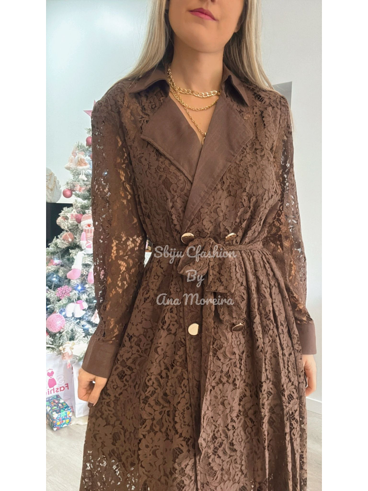 Vestido Comprido em Renda Castanho 6