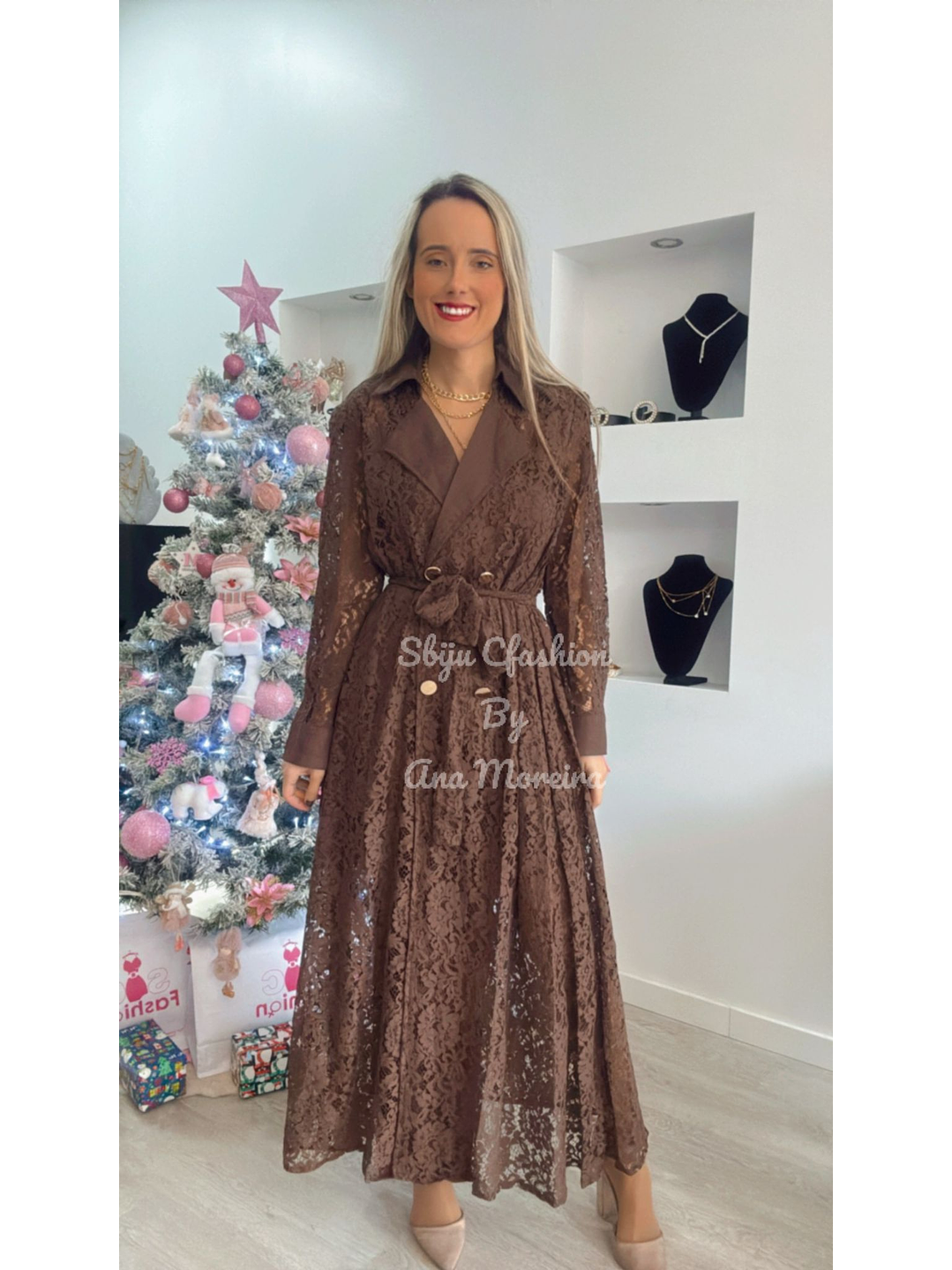 Vestido Comprido em Renda Castanho 1