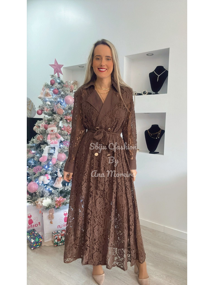 Vestido Comprido em Renda Castanho 1