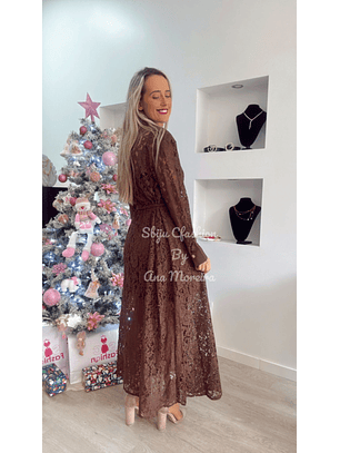 Vestido Comprido em Renda Castanho