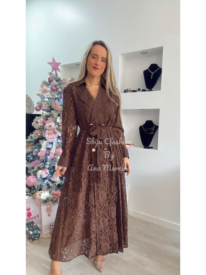 Vestido Comprido em Renda Castanho 5