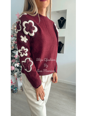 Camisola em Malha com Detalhe de Flores em Bege - TU