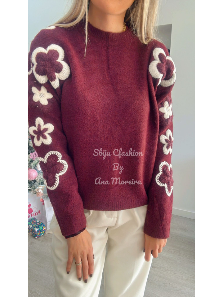 Camisola em Malha com Detalhe de Flores em Bege - TU 4