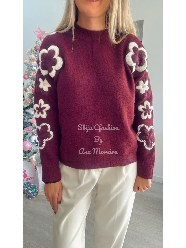 Camisola em Malha com Detalhe de Flores em Bege - TU 5