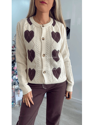 Casaco em Malha com Corações Castanhos - TU