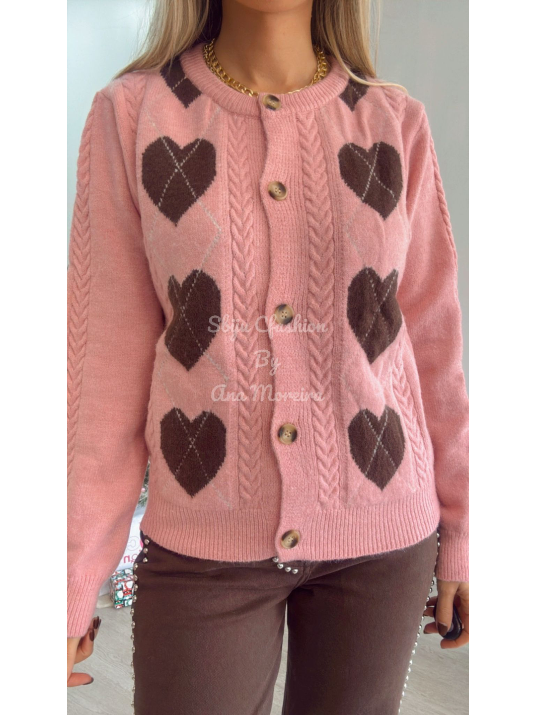 Casaco em Malha com Corações Castanhos - TU 3