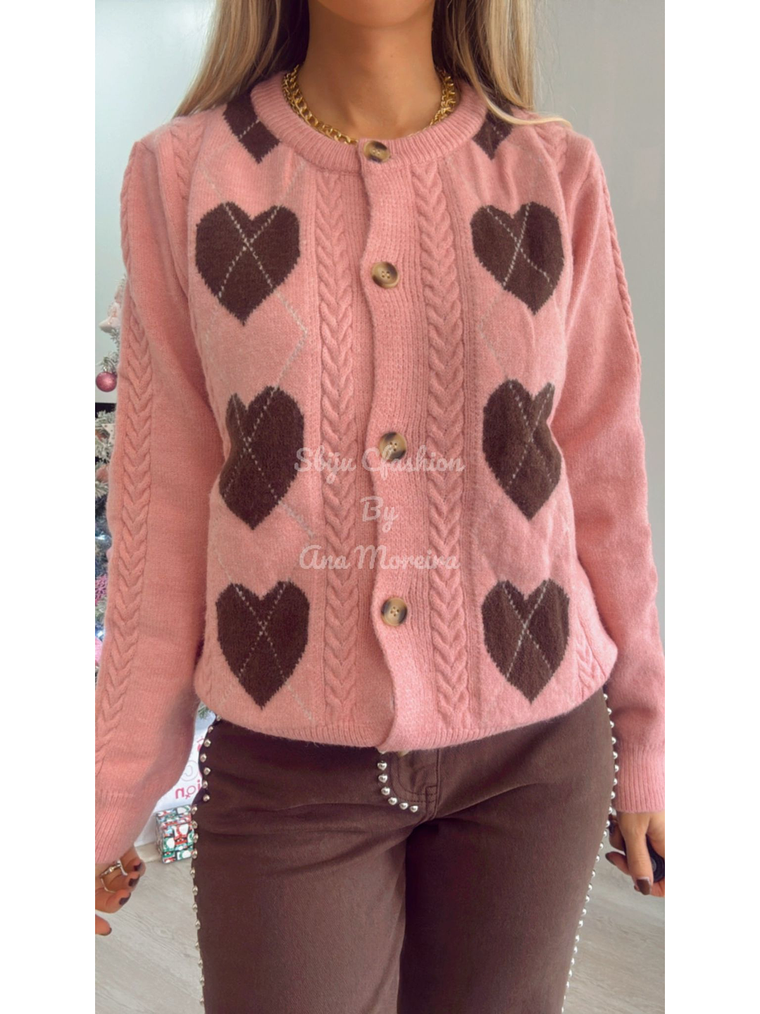 Casaco em Malha com Corações Castanhos - TU 4