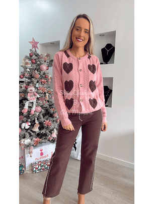 Casaco em Malha com Corações Castanhos - TU