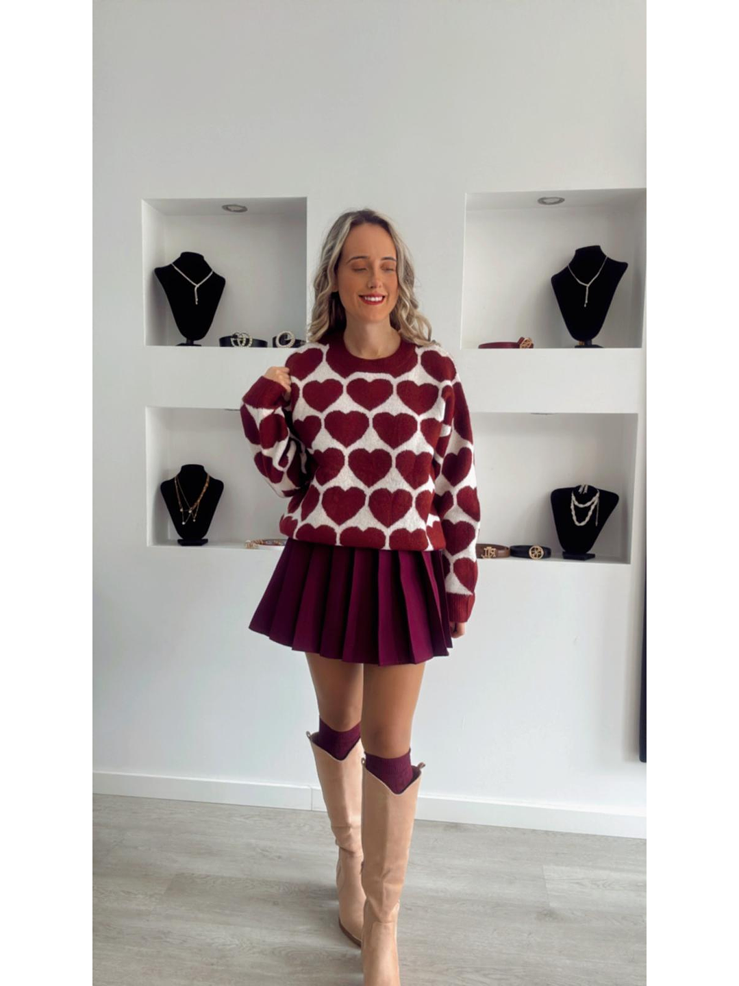 Camisola em Malha com Corações Bordeaux - TU 4