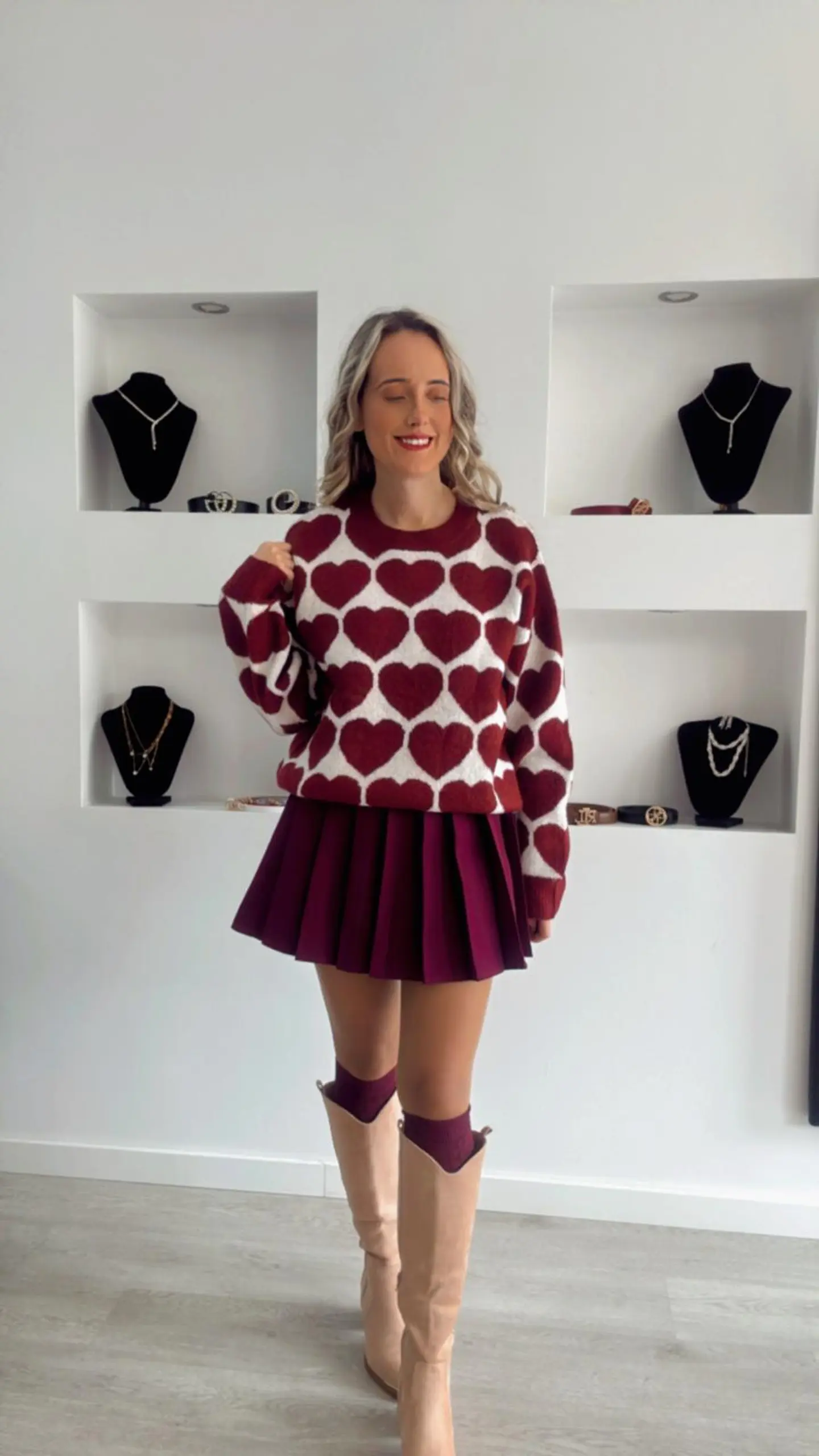 Camisola em Malha com Corações Bordeaux - TU 4