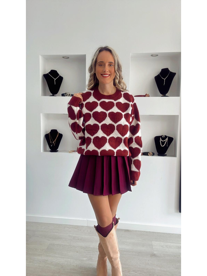 Camisola em Malha com Corações Bordeaux - TU 3