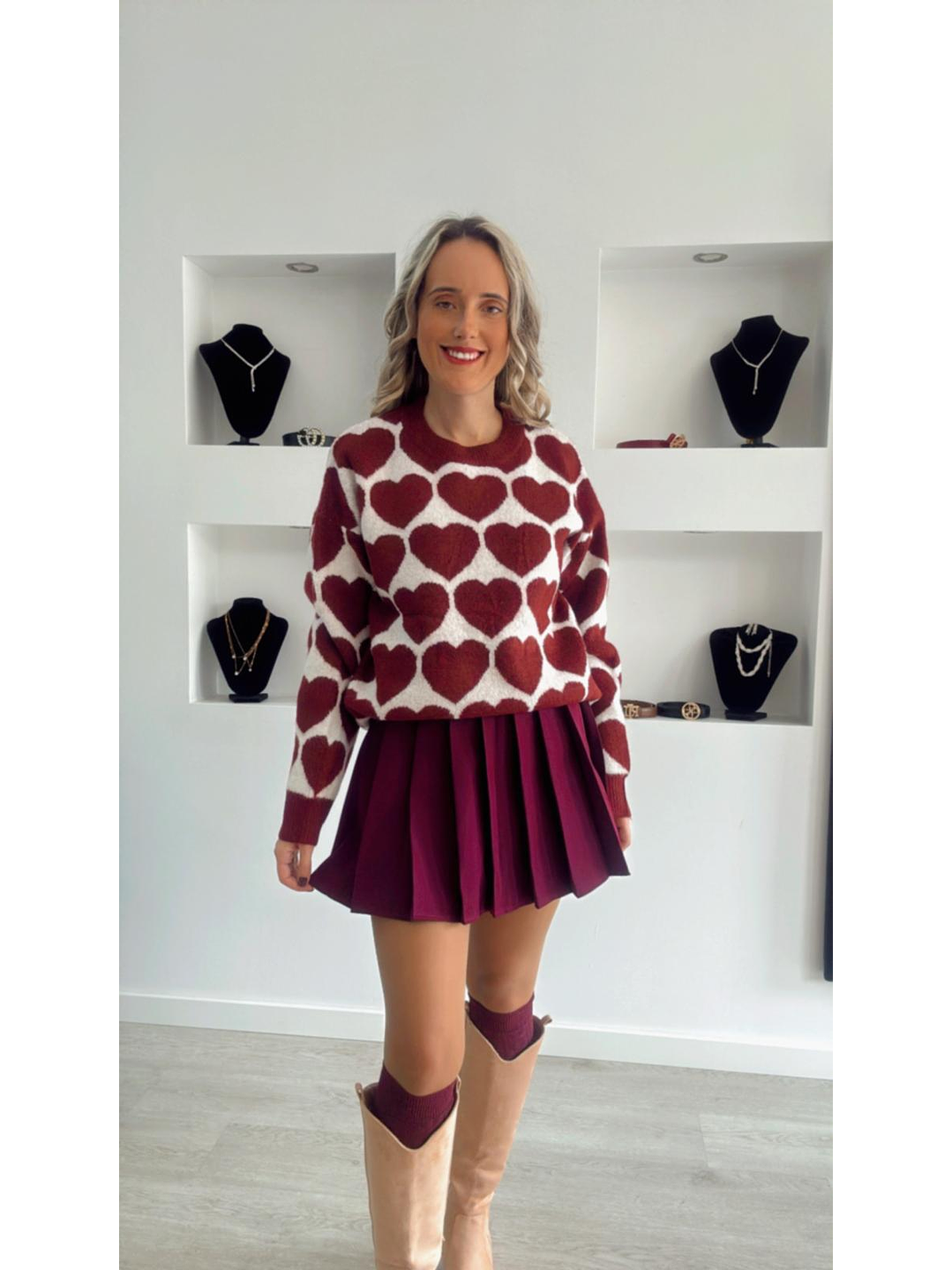 Camisola em Malha com Corações Bordeaux - TU 1