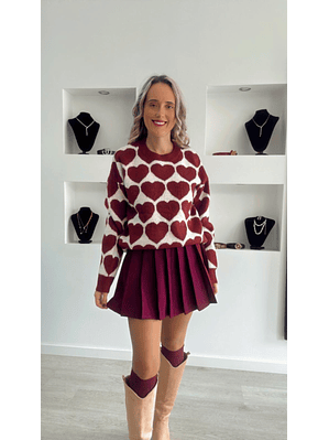 Camisola em Malha com Corações Bordeaux - TU