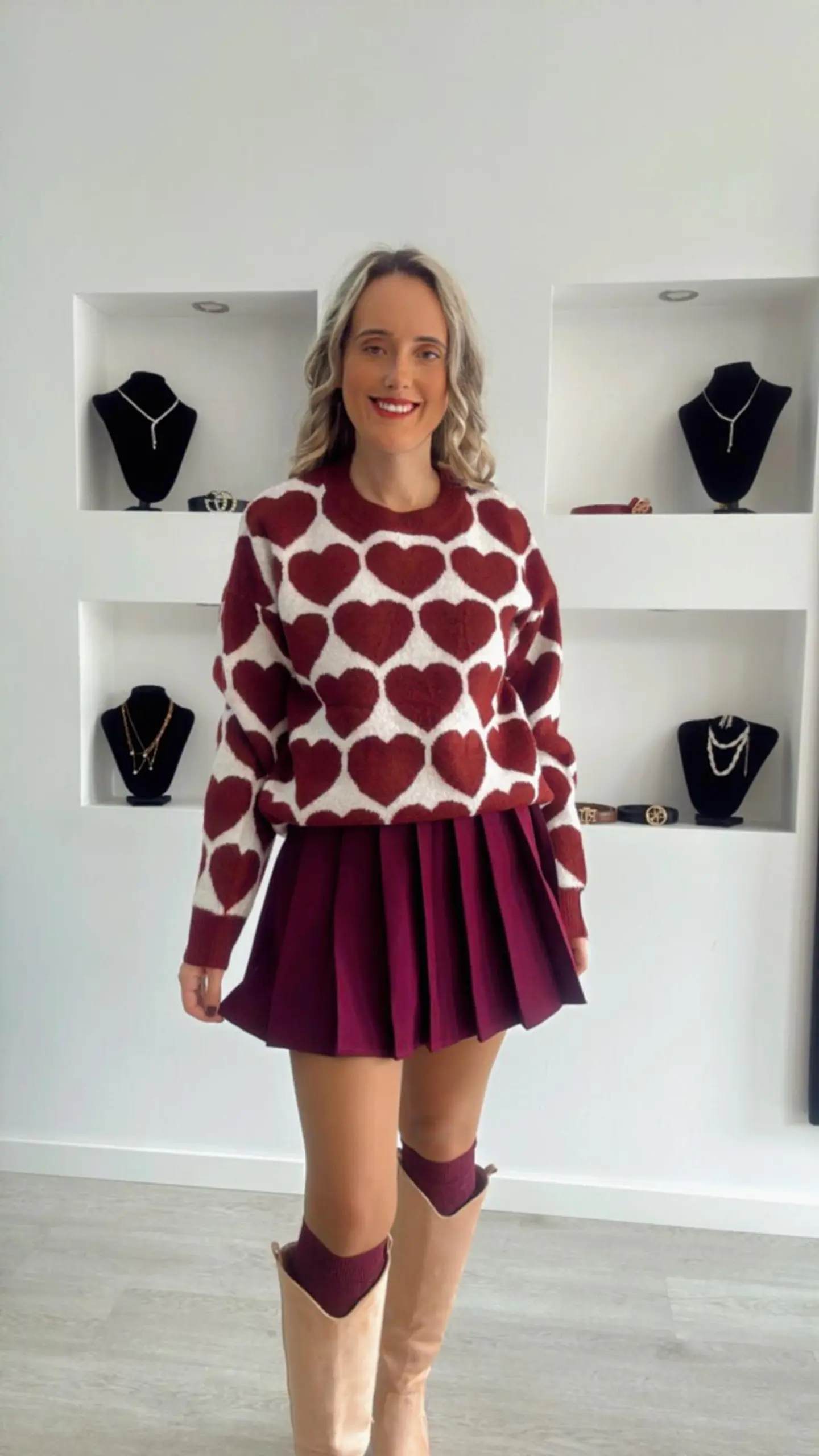 Camisola em Malha com Corações Bordeaux - TU 1