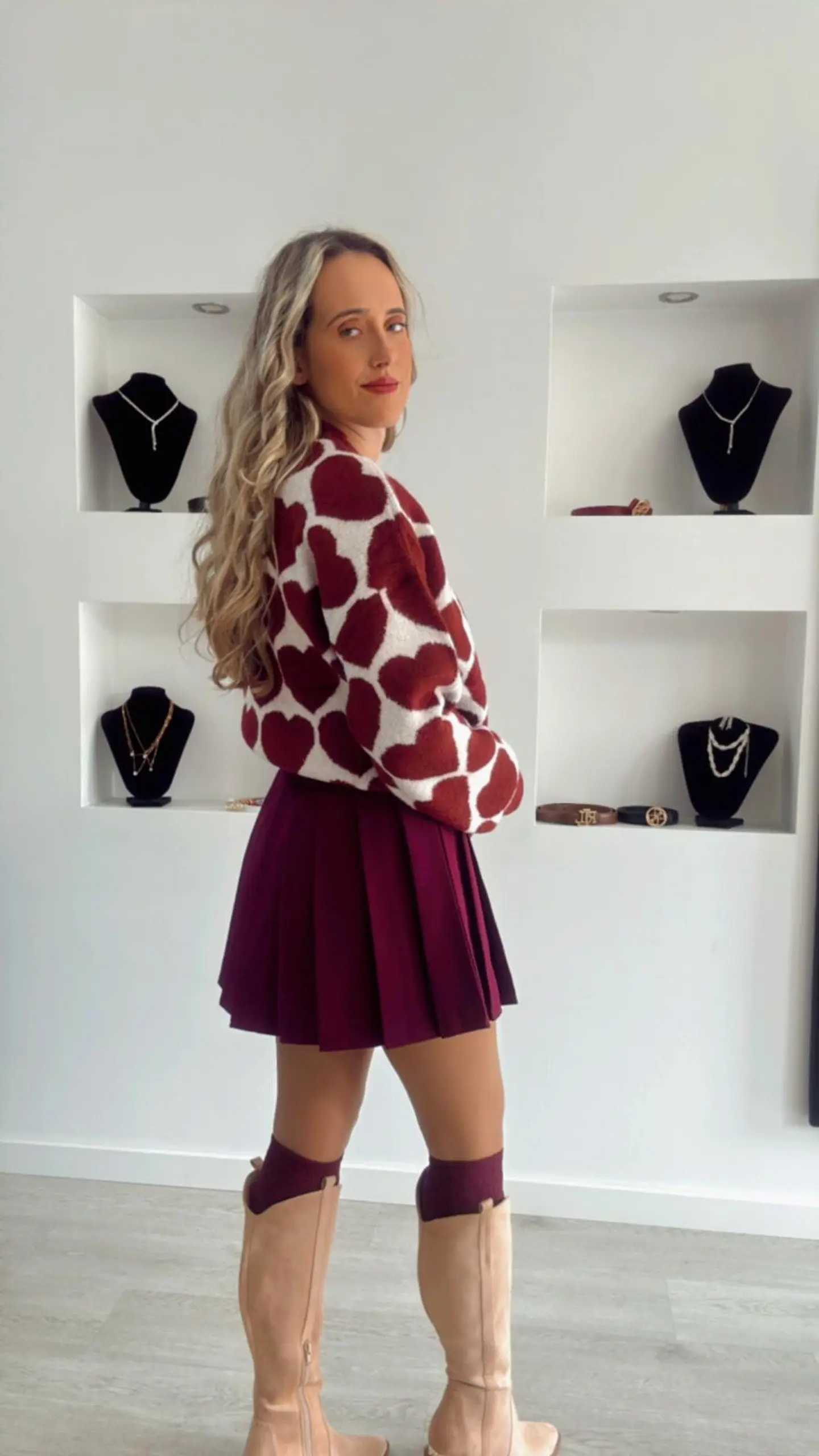 Camisola em Malha com Corações Bordeaux - TU 2