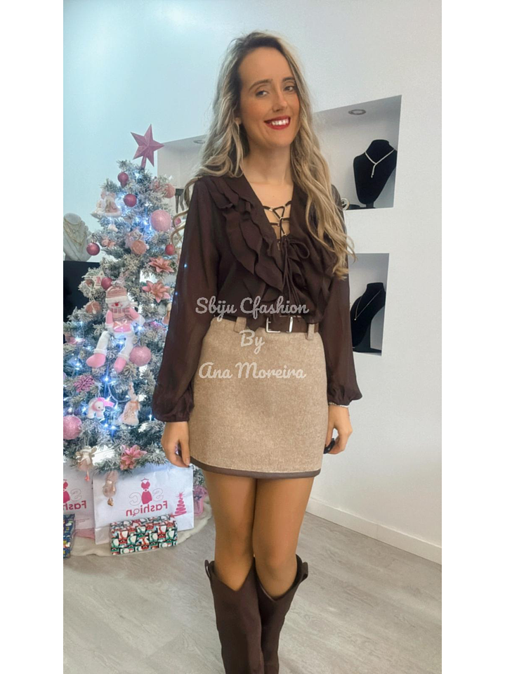 Saia-Calção com Cinto e Risca Castanha 5