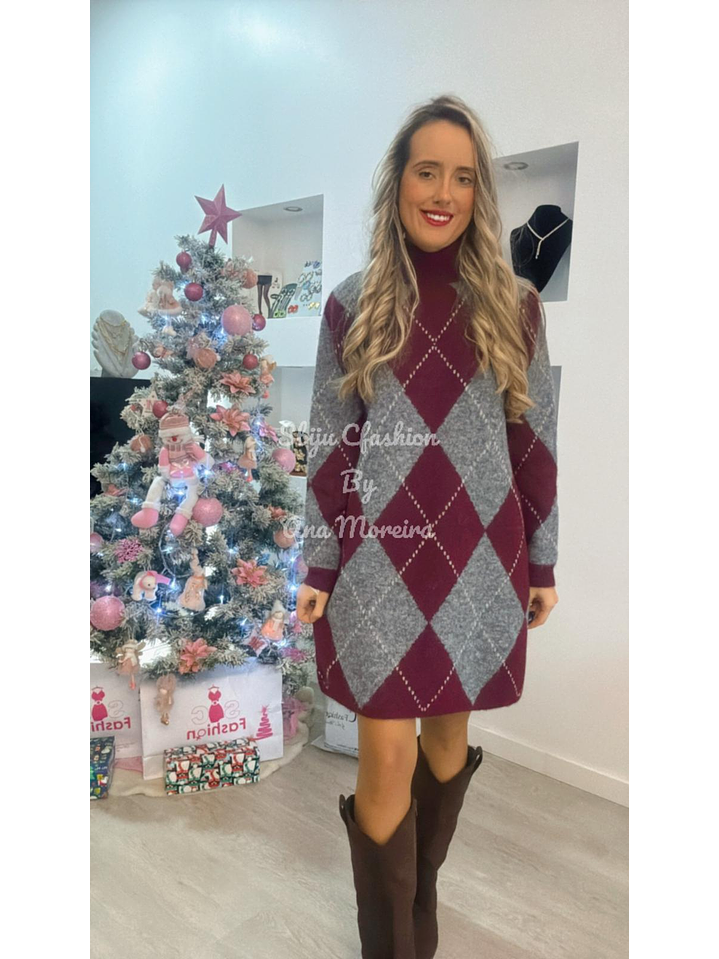 Vestido de Malha com Losangos Bordeaux e Cinza - TU 5