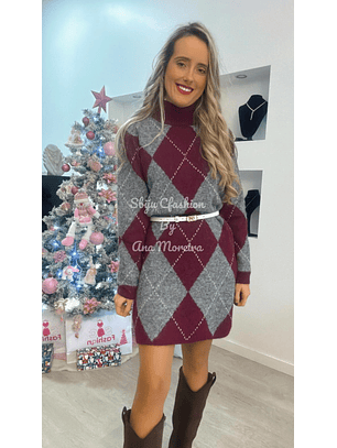 Vestido de Malha com Losangos Bordeaux e Cinza - TU
