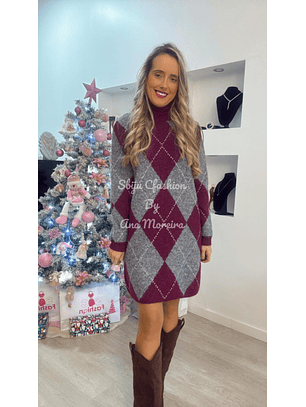 Vestido de Malha com Losangos Bordeaux e Cinza - TU