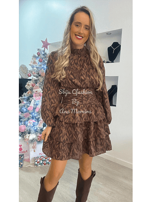 Vestido com Folhos em Dois Tons de Castanho
