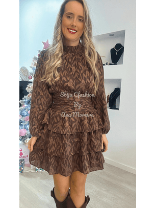 Vestido com Folhos em Dois Tons de Castanho