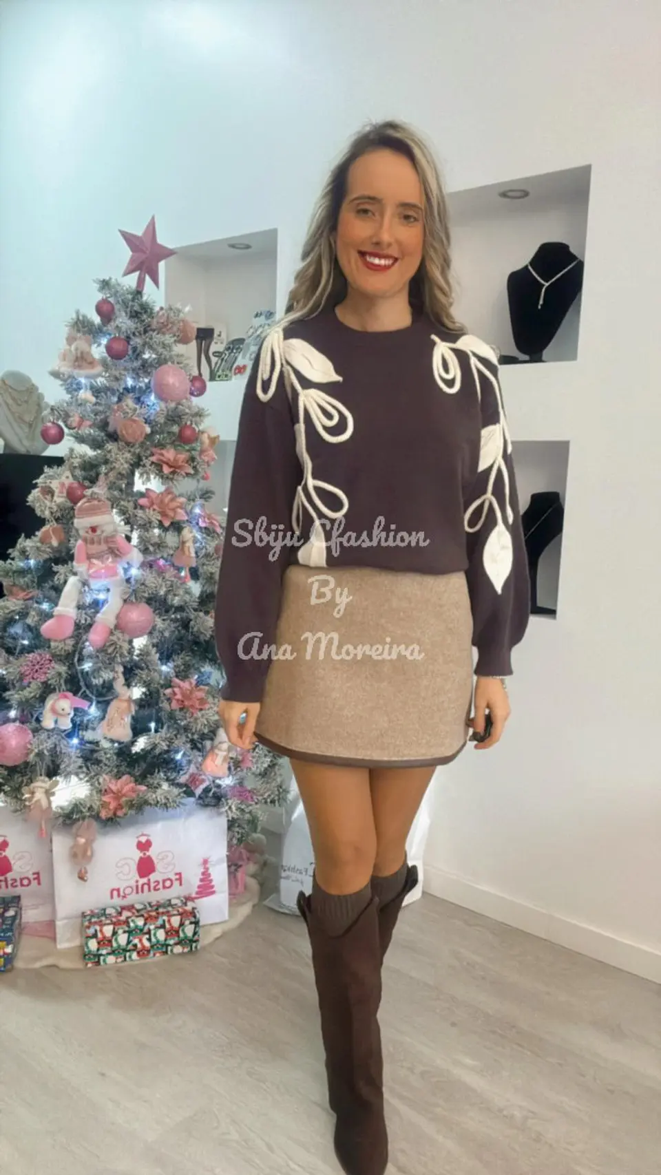 Camisola de Malha com Folhas em Tons de Bege - TU 4