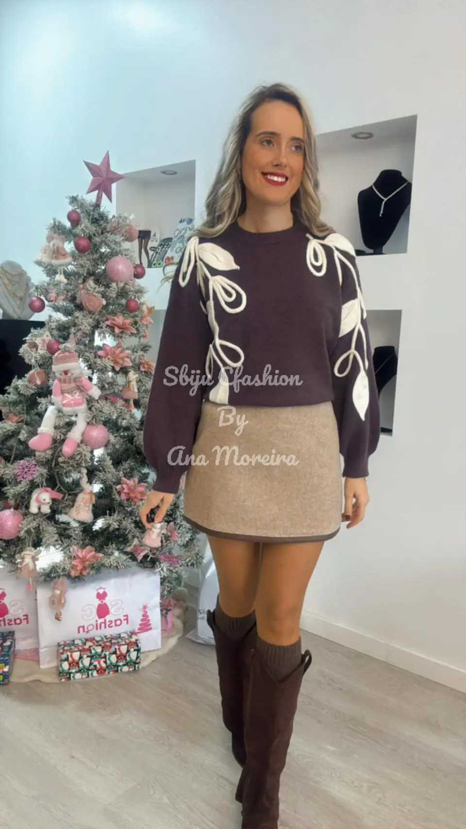 Camisola de Malha com Folhas em Tons de Bege - TU 5