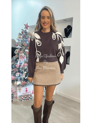 Camisola de Malha Castanha com Folhas em Tons de Bege - TU