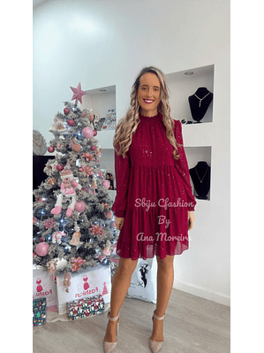 Vestido com Brilhos Bordeaux - TU