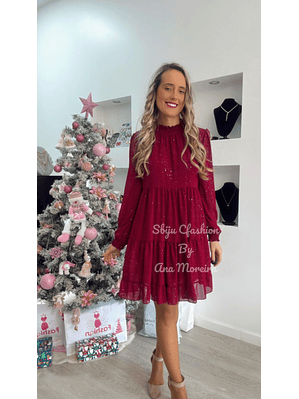Vestido com Brilhos Bordeaux - TU