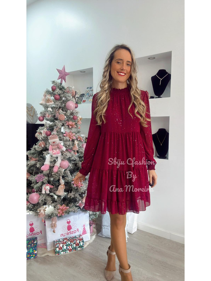 Vestido com Brilhos Bordeaux - TU 1