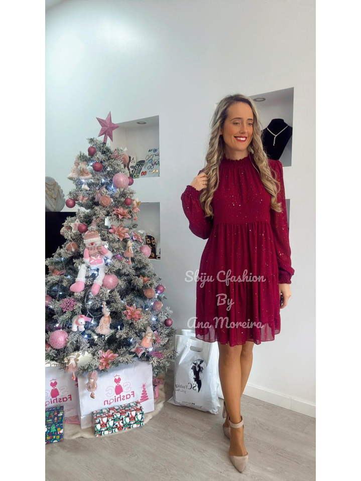 Vestido com Brilhos Bordeaux - TU 3