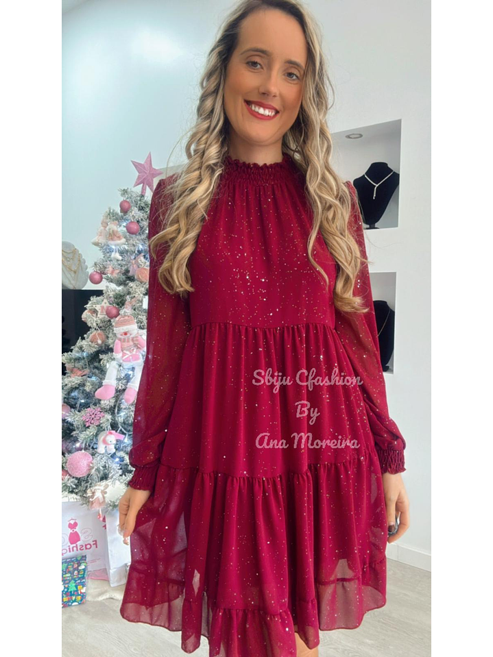 Vestido com Brilhos Bordeaux - TU 5