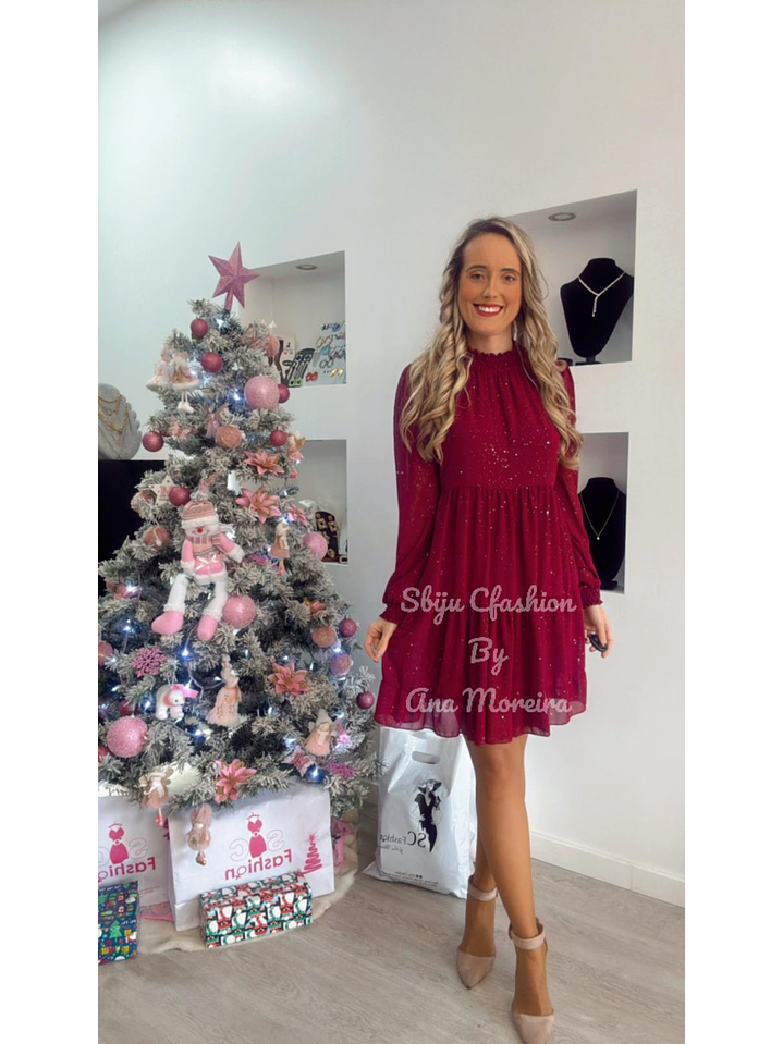Vestido com Brilhos Bordeaux - TU 6