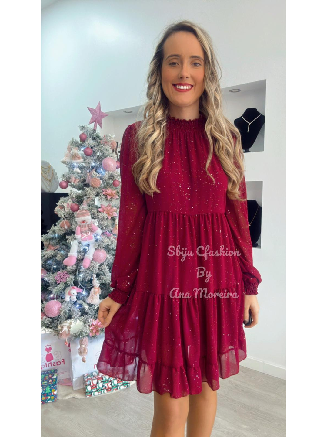 Vestido com Brilhos Bordeaux - TU 7