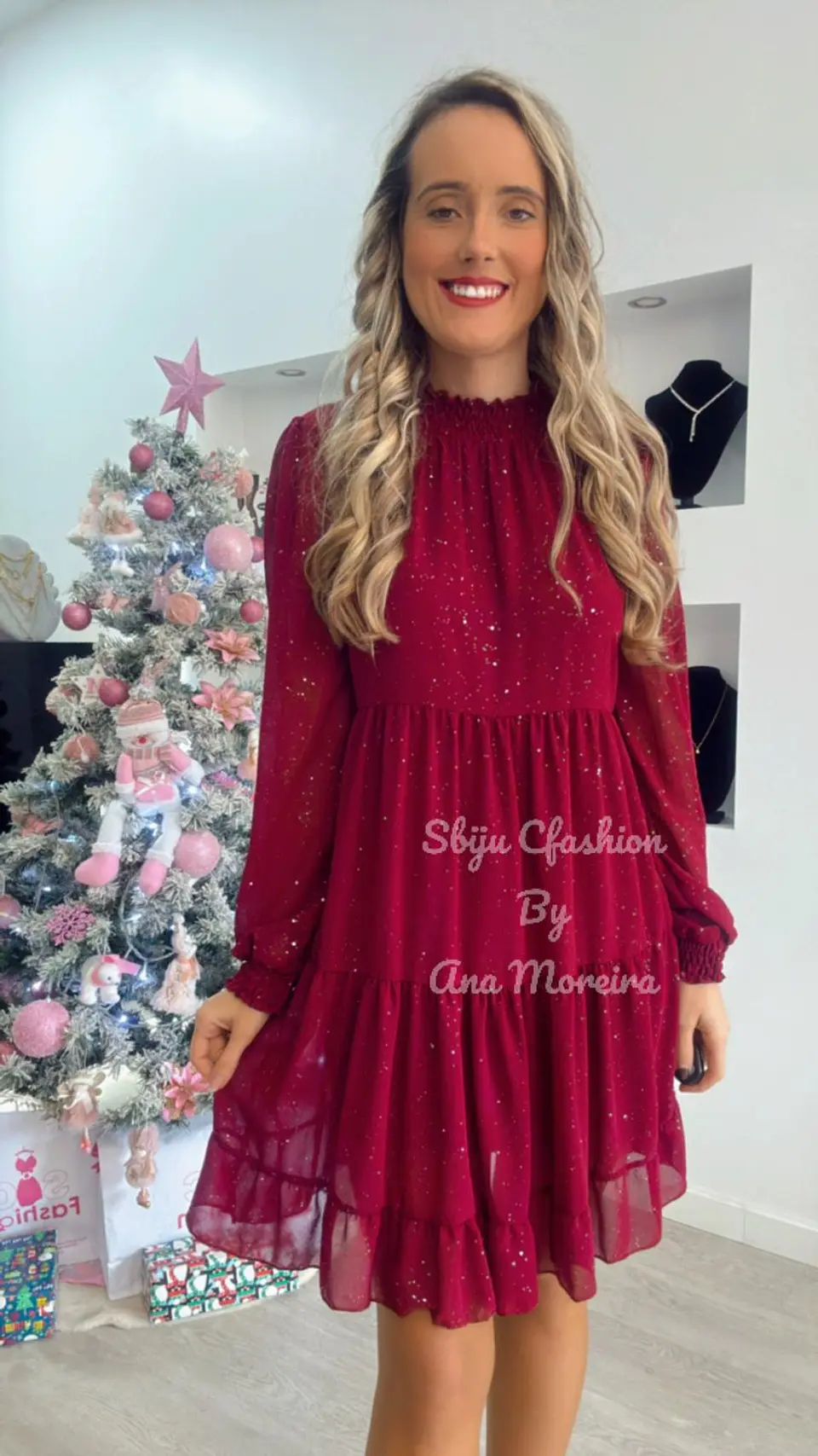 Vestido com Brilhos Bordeaux - TU 7