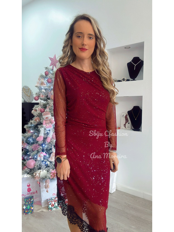 Vestido com Brilhantes e Renda em Baixo -TU 10