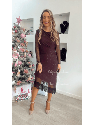 Vestido com Brilhantes e Renda em Baixo -TU