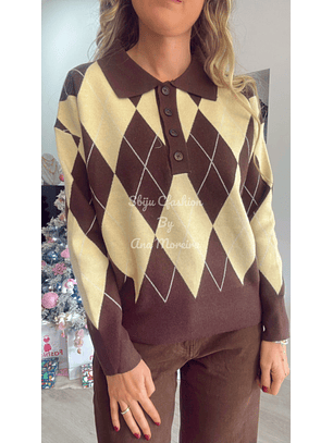 Polo em Malha com Losangos em Tons de Amarelo - TU