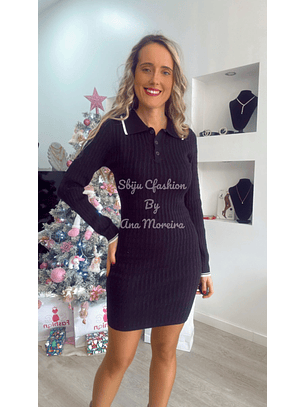 Vestido em Malha com Gola e Botões no Decote - TU