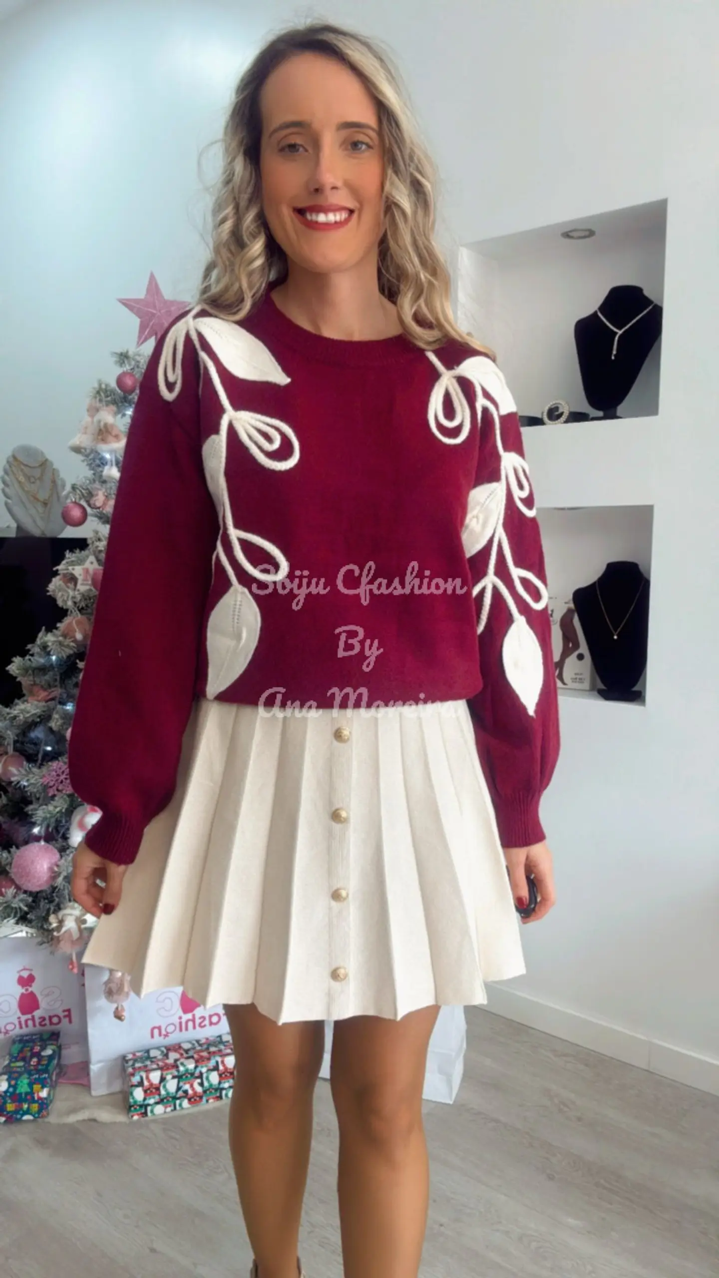 Camisola de Malha com Folhas em Tons de Bege - TU 11