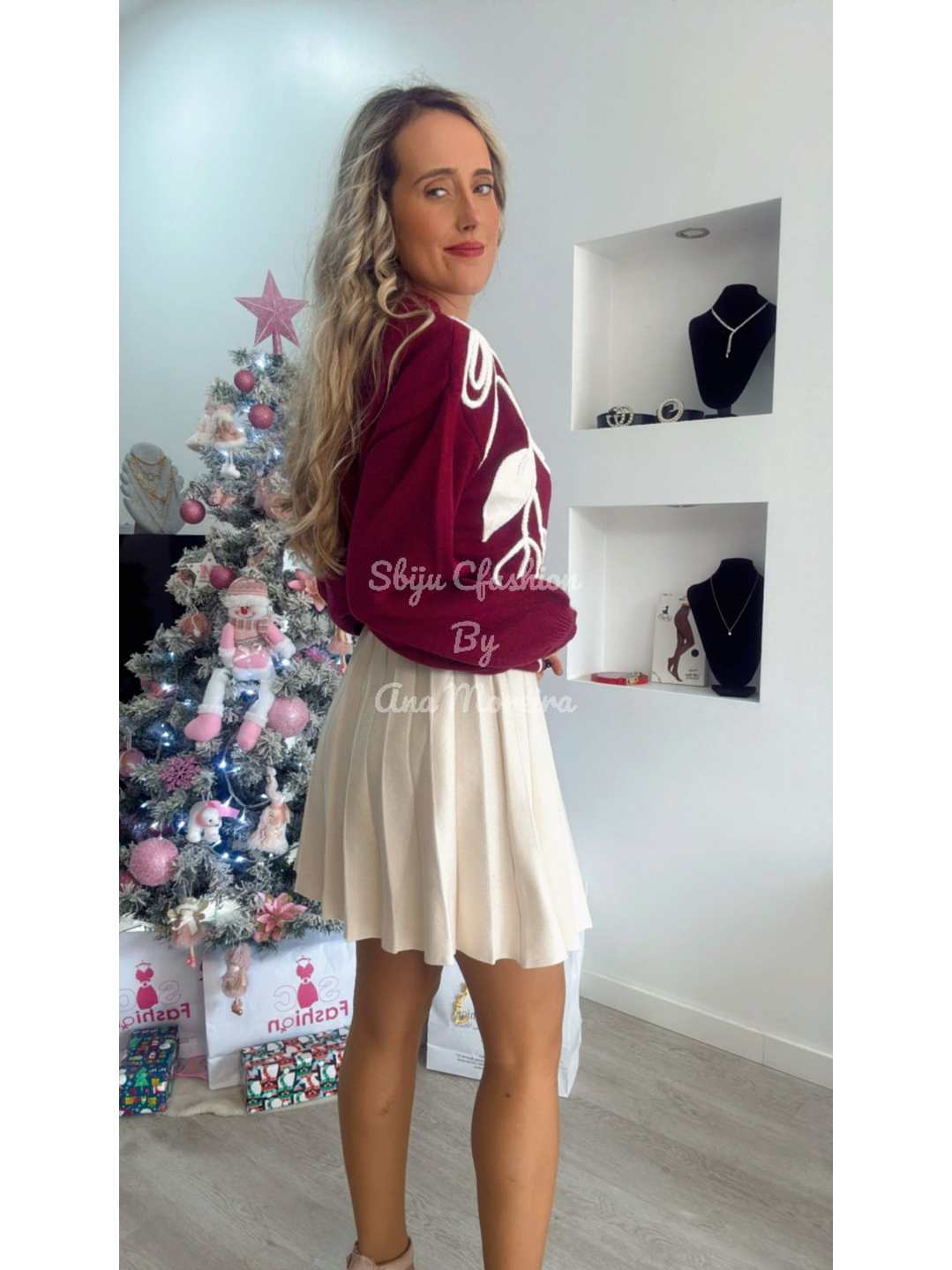 Camisola de Malha com Folhas em Tons de Bege - TU 8