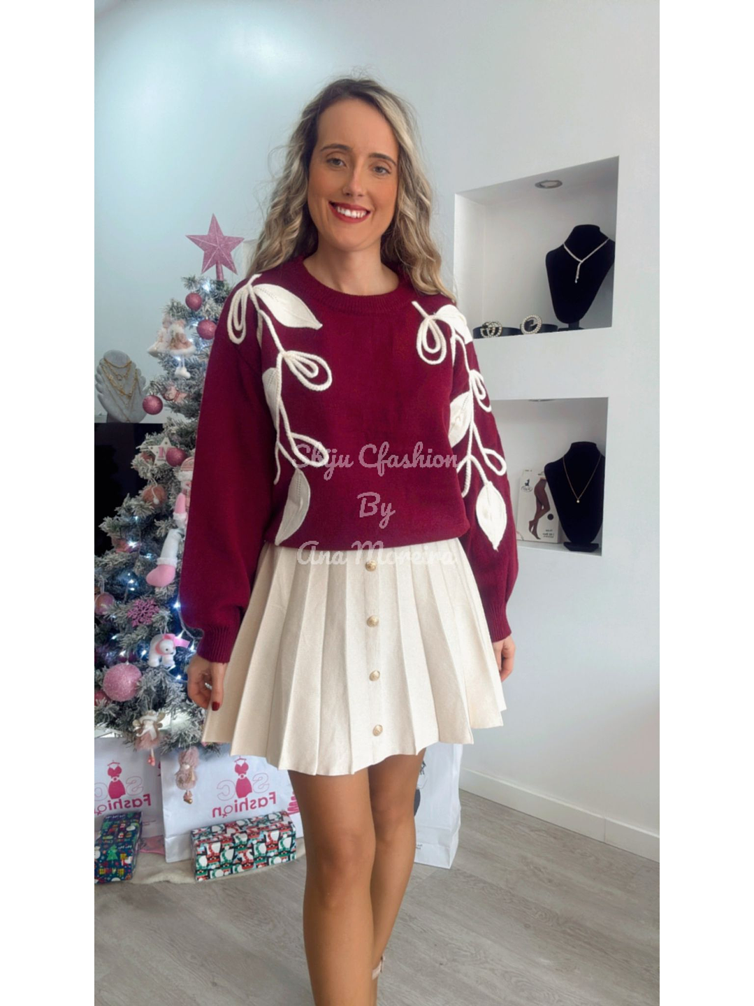 Camisola de Malha com Folhas em Tons de Bege - TU 7