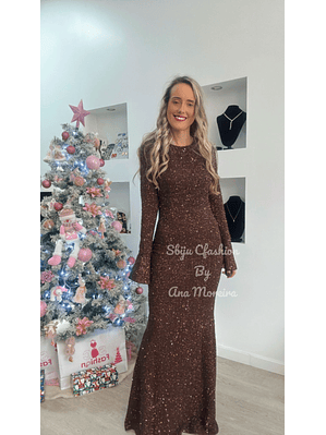 Vestido Comprido em Lantejoulas com Abertura nas Costas