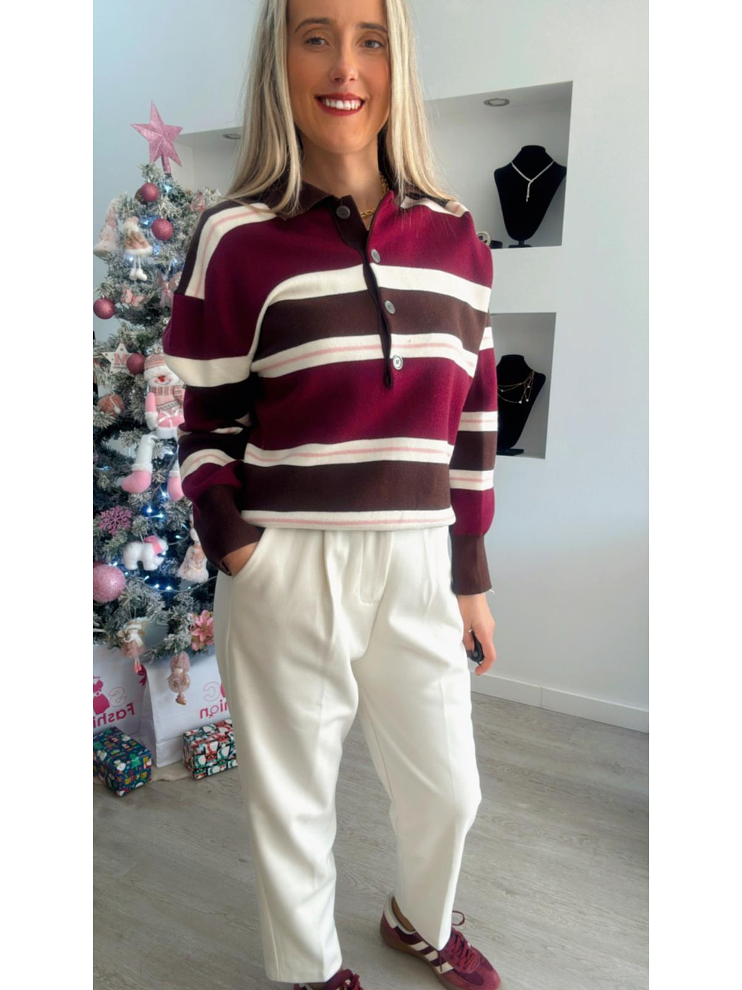 Polo em Malha com Riscas em Tons de Castanho e Bordeaux - TU 5