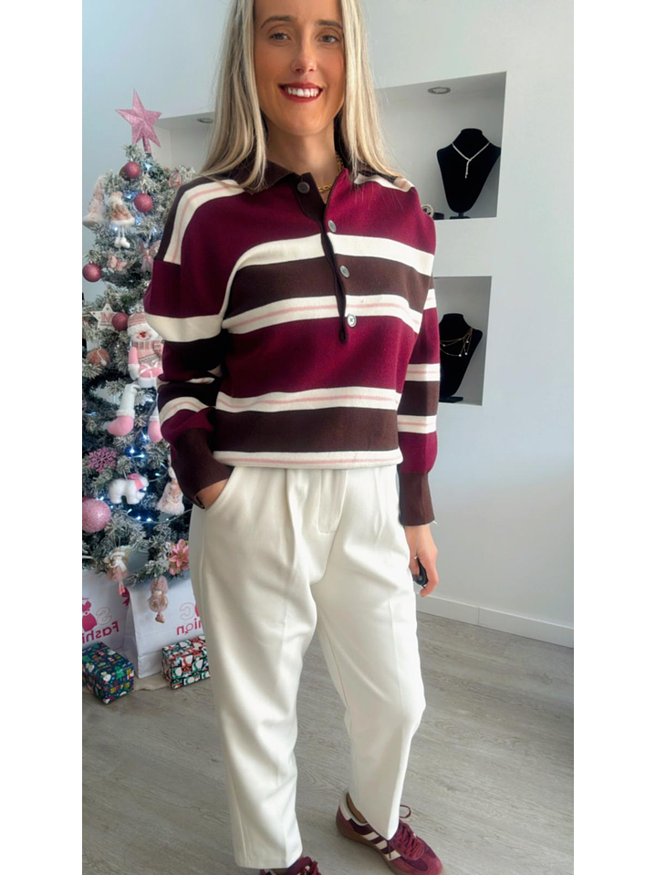 Polo em Malha com Riscas em Tons de Castanho e Bordeaux - TU 5